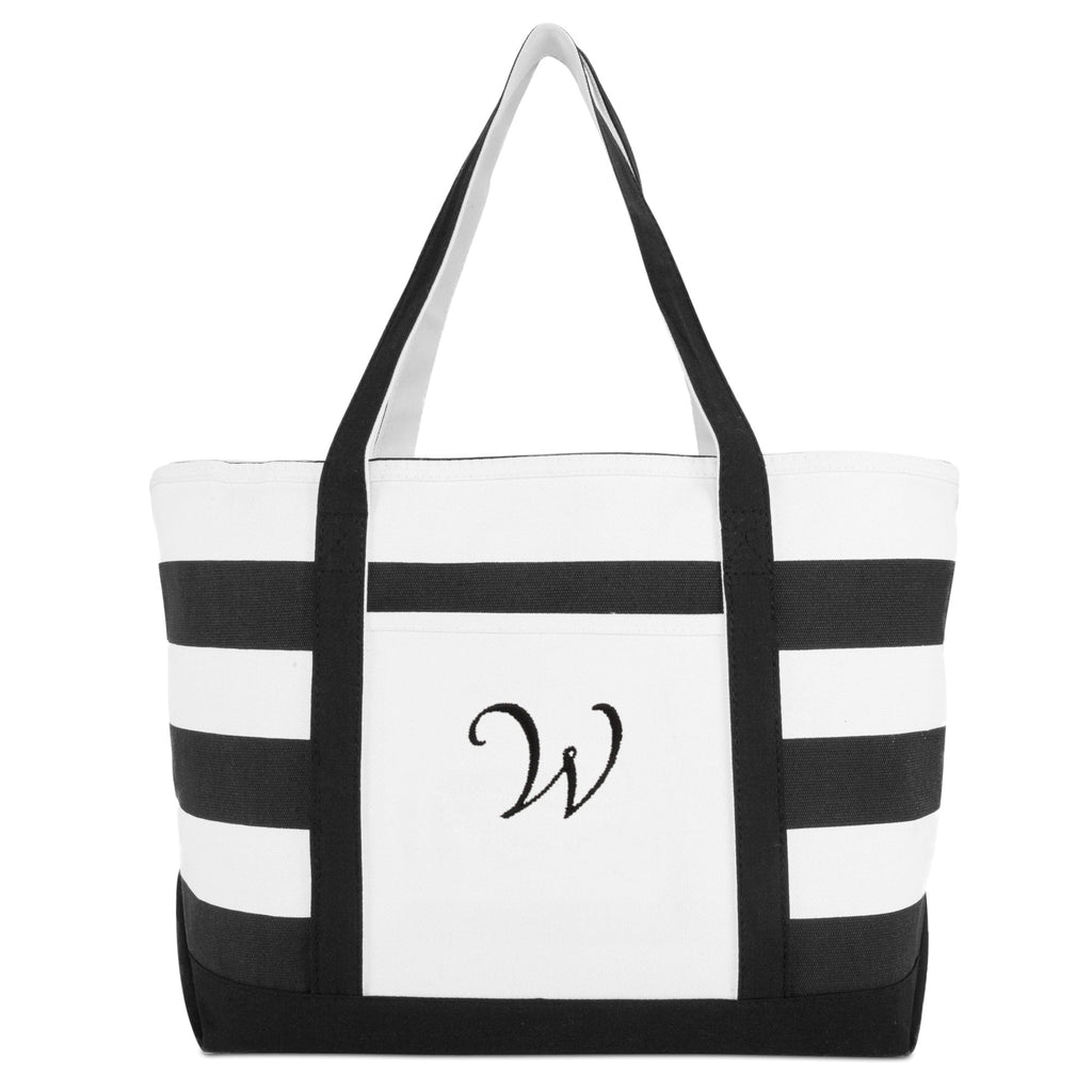 DALIX Striped Beach Bag Tote Bags Handbag Personalized Black Ballent Letter W