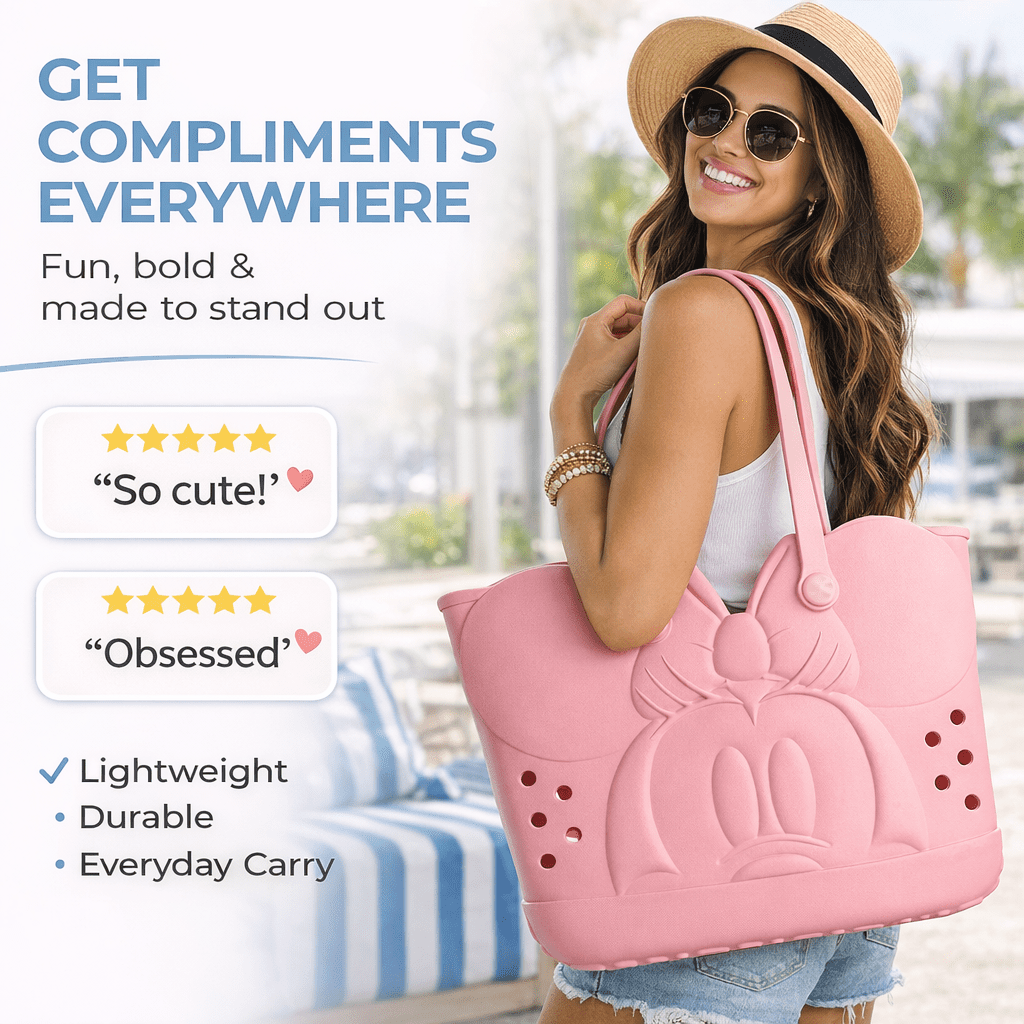 Disney Minnie Mouse EVA Gummy Tote Bag - Waterproof Rubber Beach Bag, Pink Minnie Design, Large 16.5" Carry-All for Pool, Travel & Everyday Use