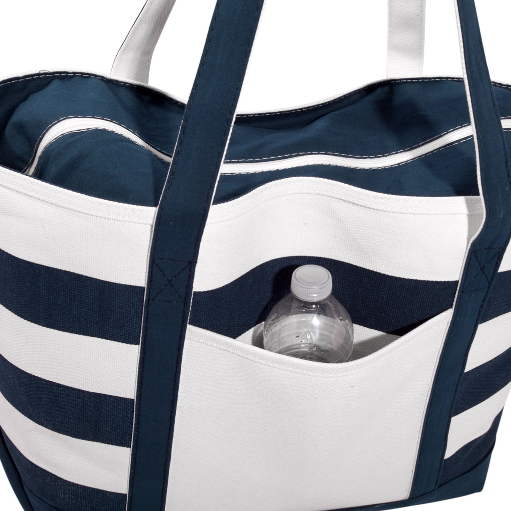 DALIX Premium Beach Bags Striped Navy Blue Zippered Tote Bag Monogrammed M