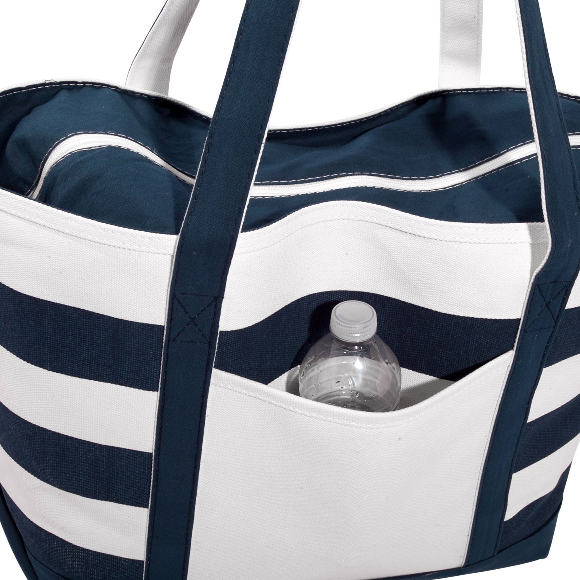 DALIX Premium Beach Bags Striped Navy Blue Zippered Tote Bag Monogrammed M