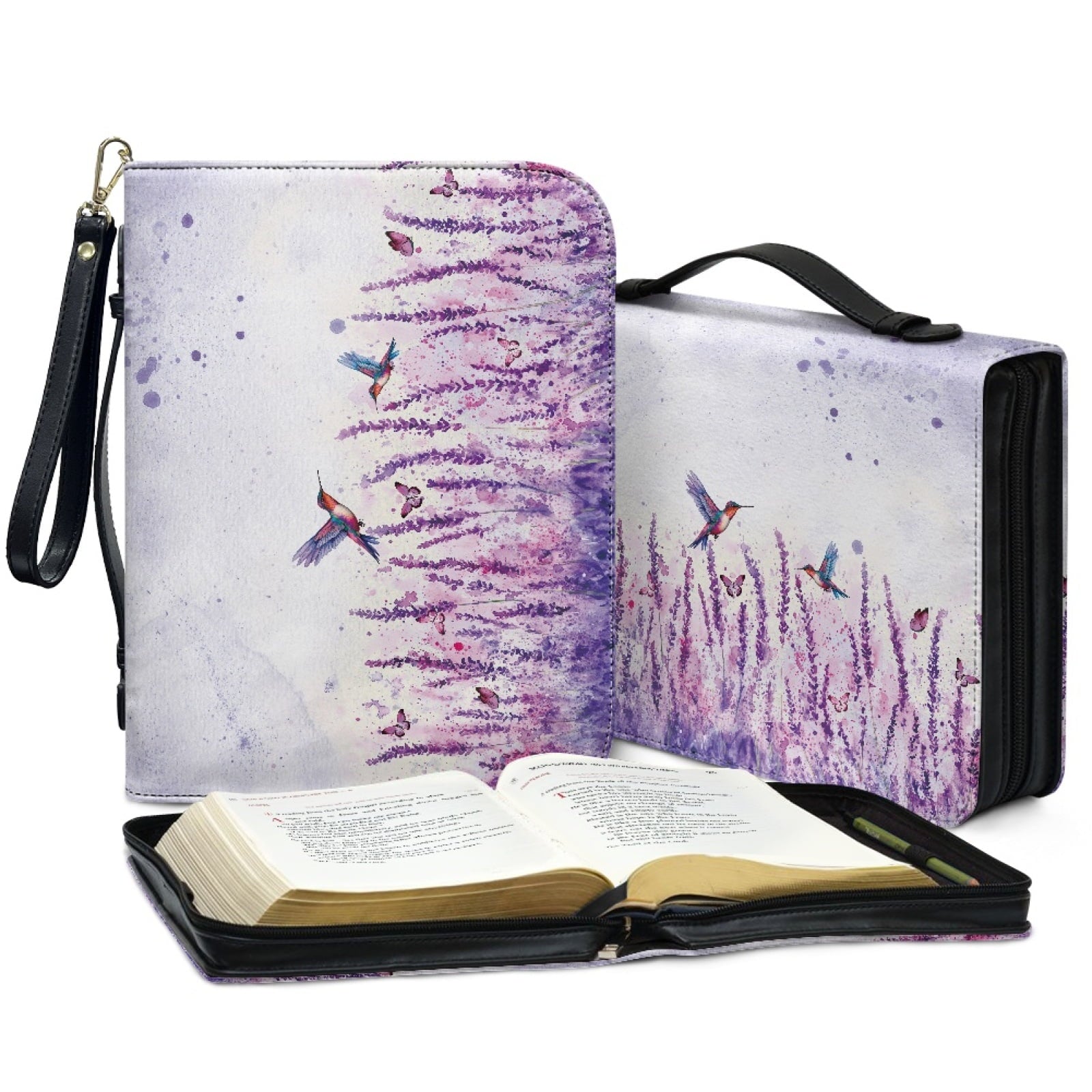 ZUXONGSY Lavender Hummingbird Butterfly Print PU Leather Bible Case for Women Men Sturdy Bible Carrying Tote Bags with Detachable Wristlet Strap Church Bag for Bible Study Journal Case, L