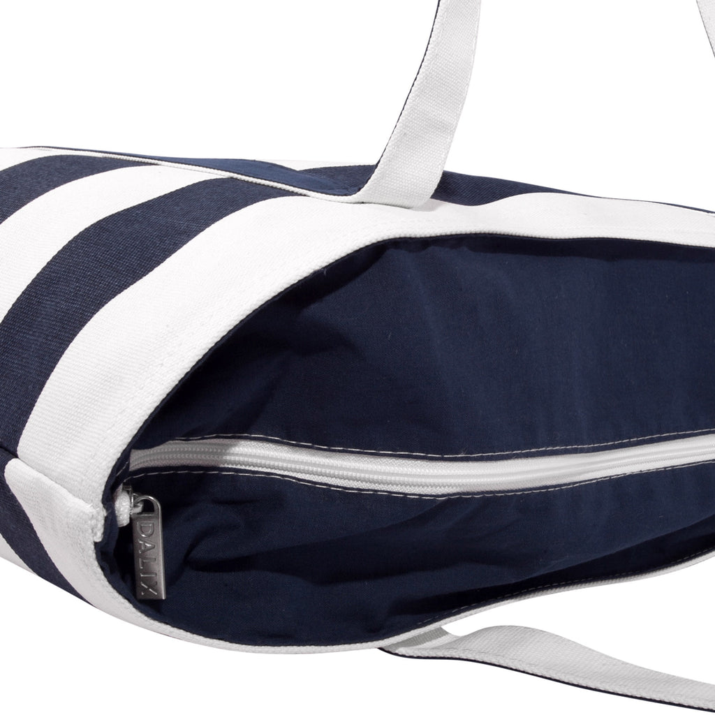 DALIX Premium Beach Bags Striped Navy Blue Zippered Tote Bag Monogrammed M