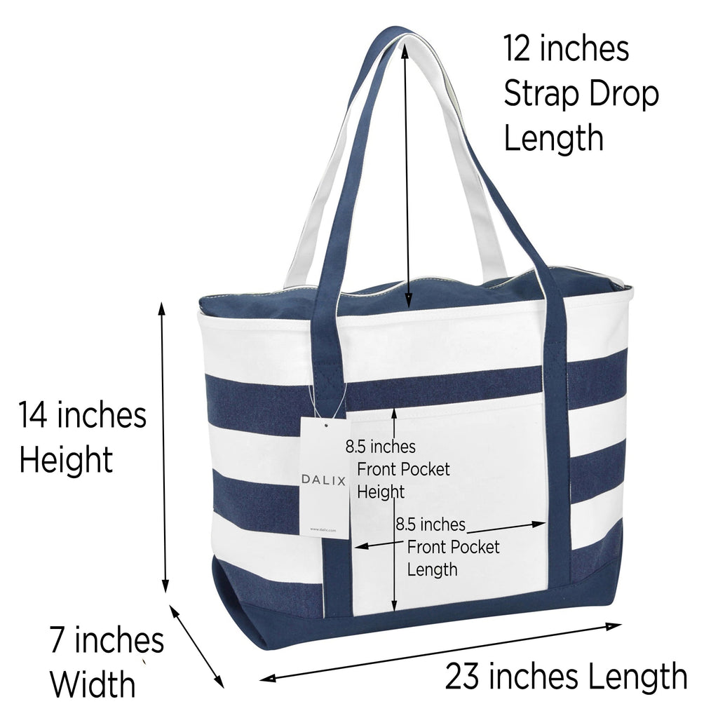 DALIX Premium Beach Bags Striped Navy Blue Zippered Tote Bag Monogrammed M