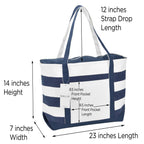 DALIX Premium Beach Bags Striped Navy Blue Zippered Tote Bag Monogrammed M