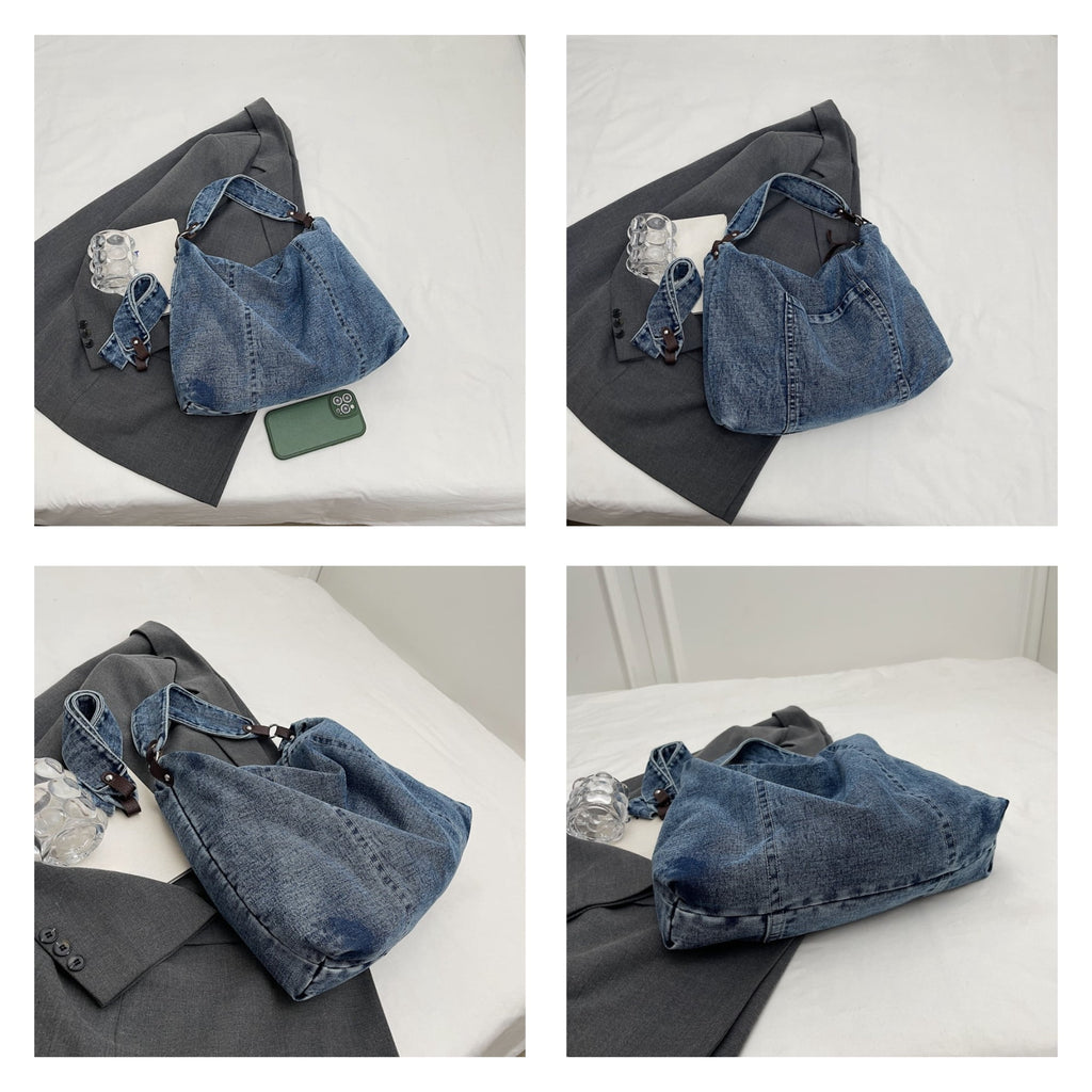 Women's Large Denim Messenger Bag, Hobo Crossbody Tote with 2 Removable Straps & Magnetic Closure, Blue Jean Shoulder Purse