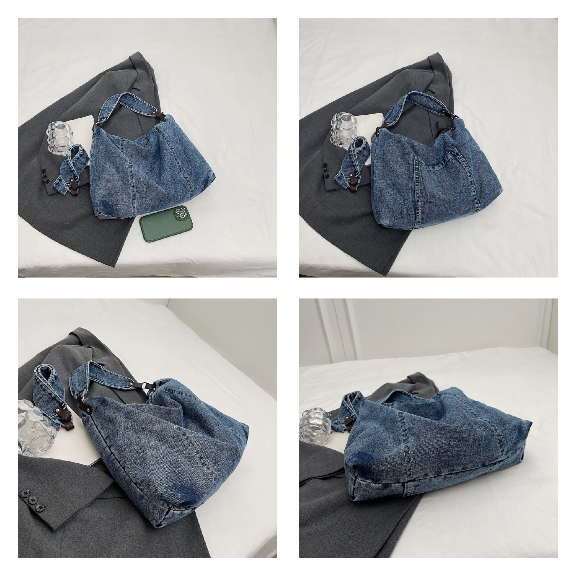 Women's Large Denim Messenger Bag, Hobo Crossbody Tote with 2 Removable Straps & Magnetic Closure, Blue Jean Shoulder Purse