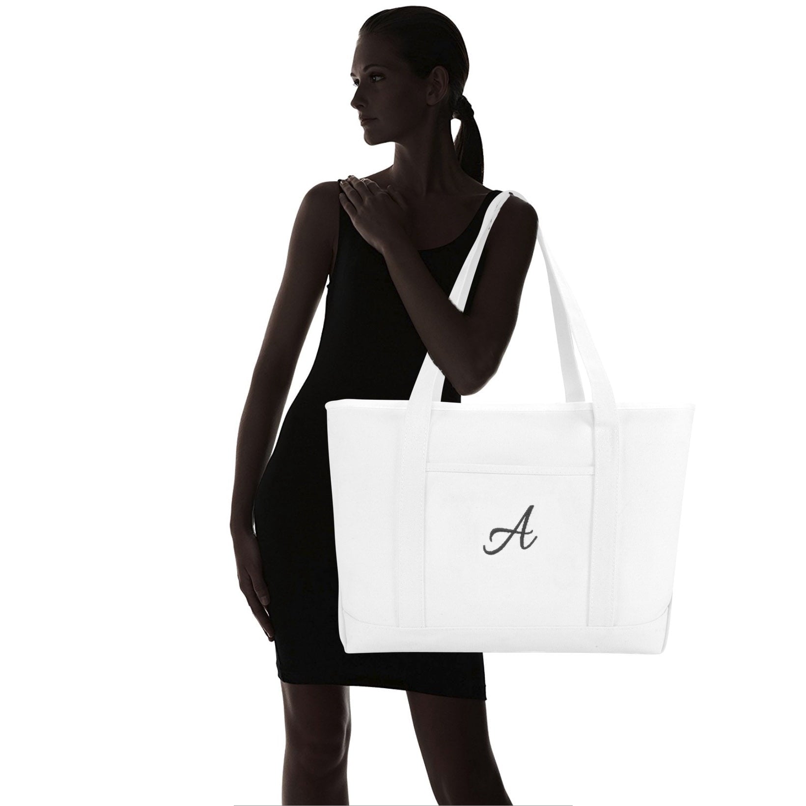 DALIX Large Canvas Tote Bag for Women Work Bag Beach Totes Monogrammed White A