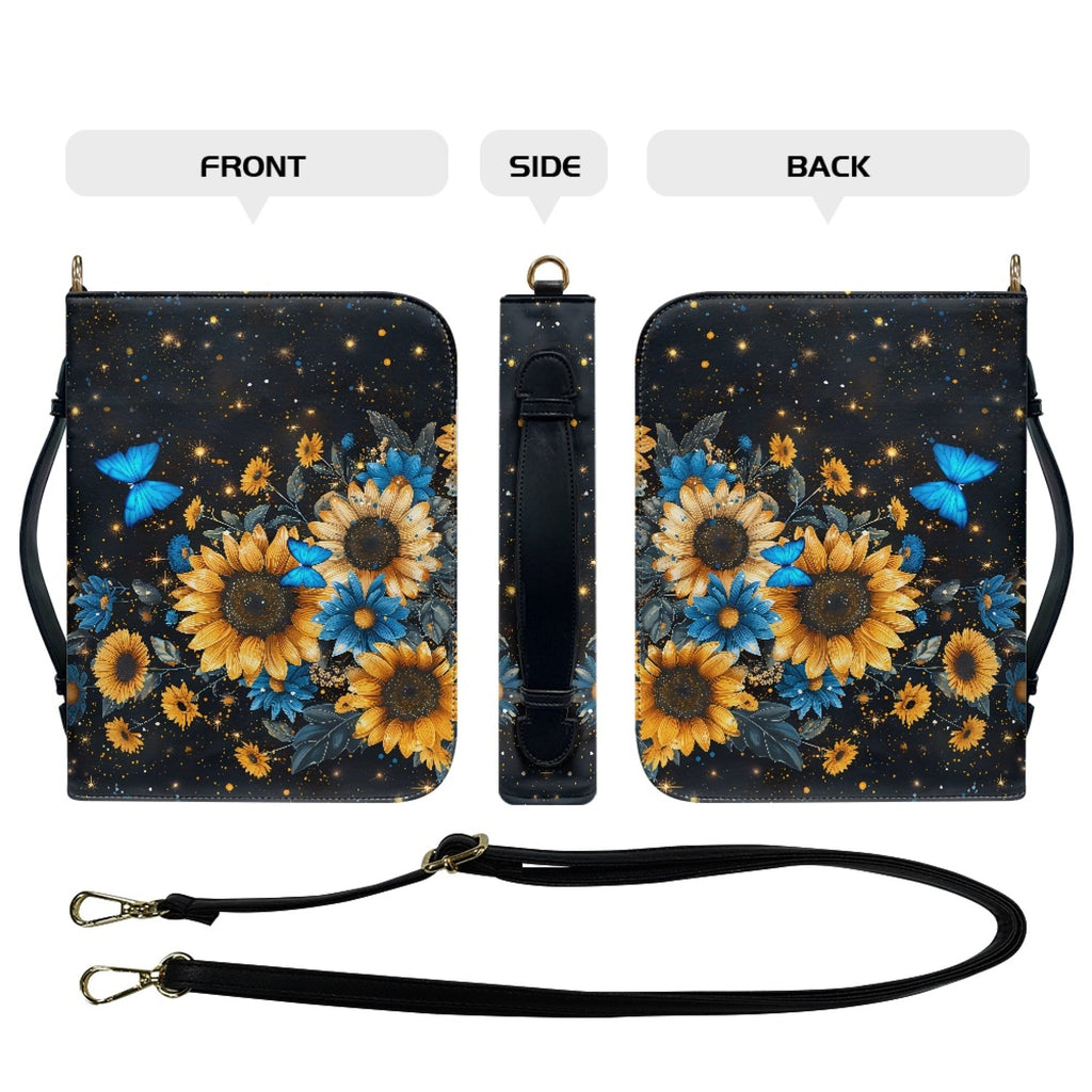 FOR U DESIGNS Galaxy Sunflower Bible Cover for Women Butterfly Leather Personalized Book Organizer Bag Size M Reusable Bible Case with Bookmark for Girls for Bible Study Religious