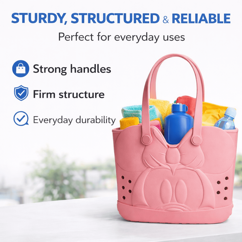 Disney Minnie Mouse EVA Gummy Tote Bag - Waterproof Rubber Beach Bag, Pink Minnie Design, Large 16.5" Carry-All for Pool, Travel & Everyday Use