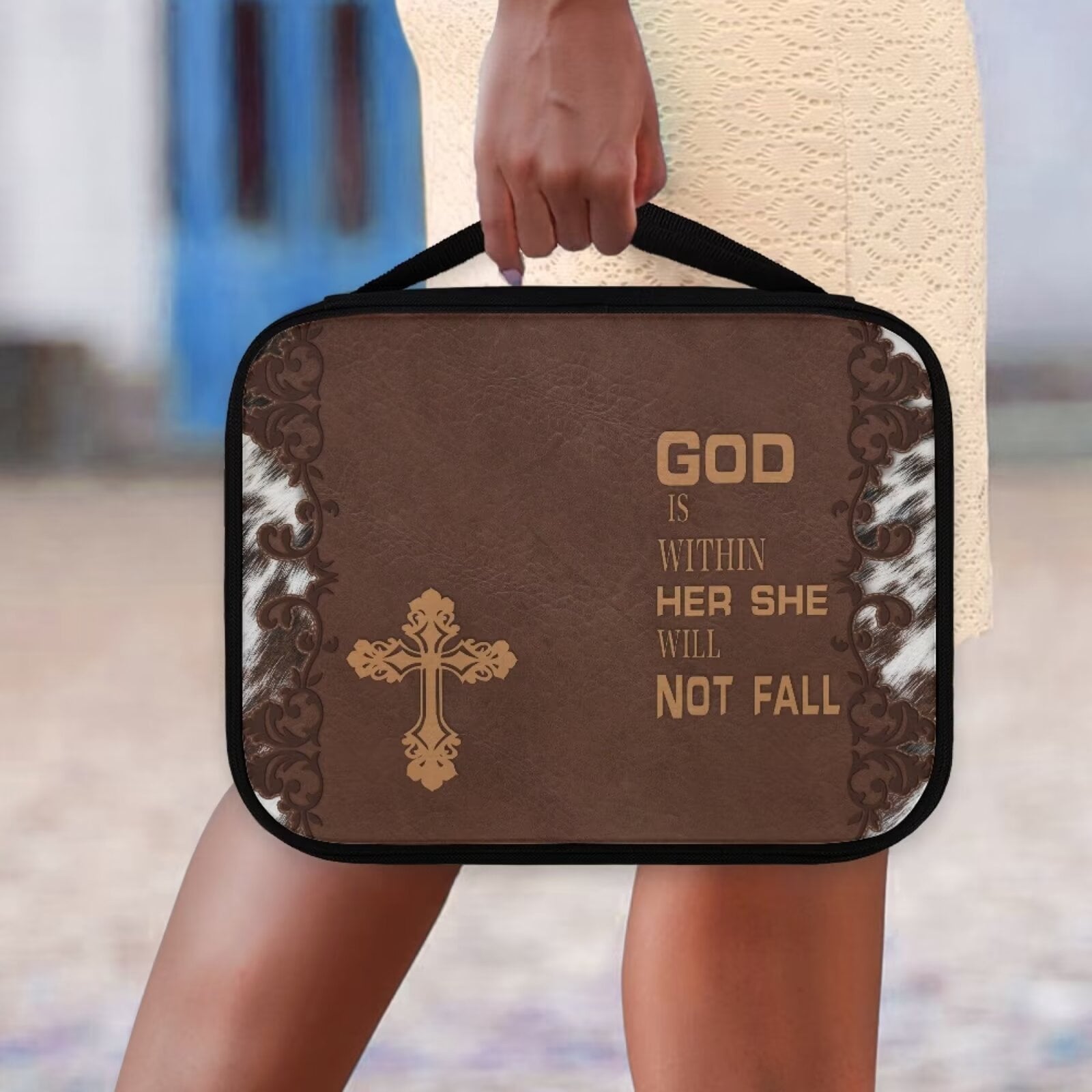 Renewold Casual Cross Bible Case for Men Personalized God is Within Her She Will Not Fall Print Carrier Tote Bag Dustproof Brown Bible Book Covers