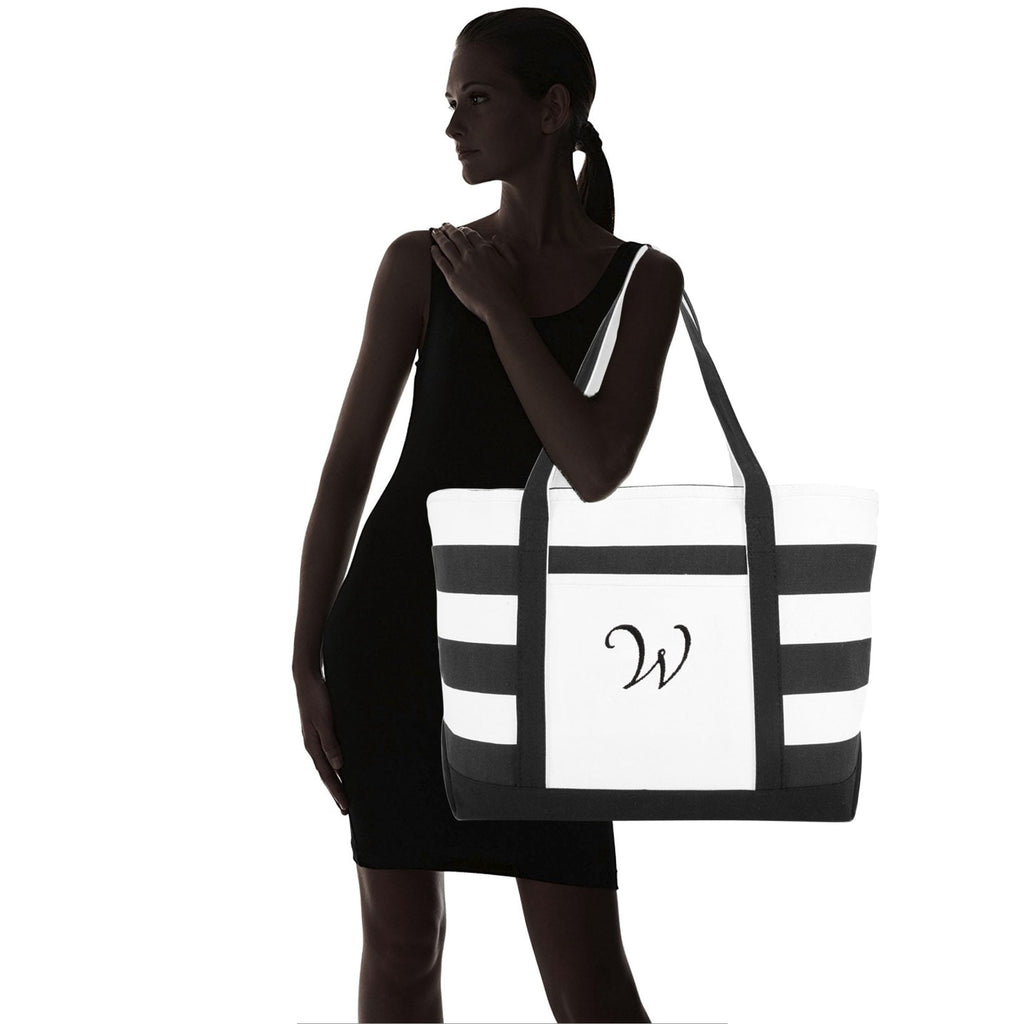 DALIX Striped Beach Bag Tote Bags Handbag Personalized Black Ballent Letter W