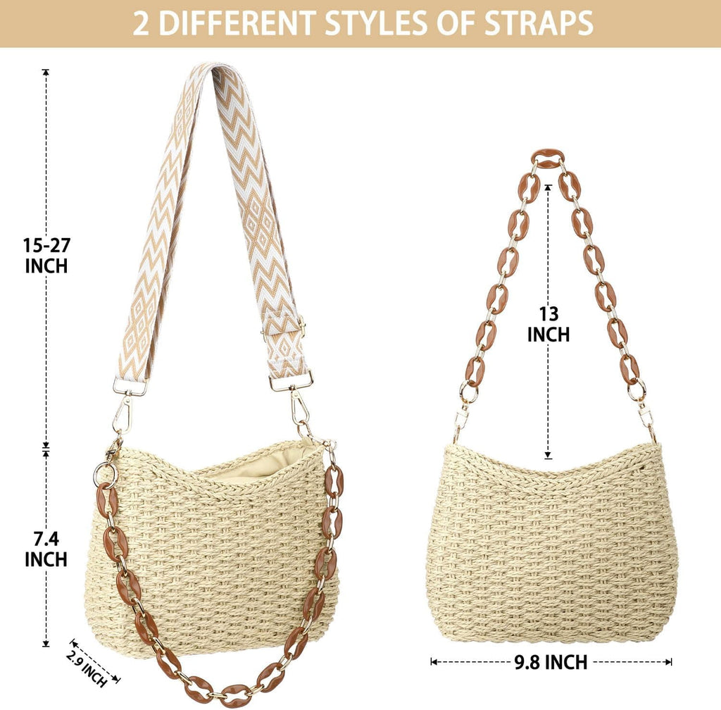 Straw Handbags Purses Crossbody Pocketbook Bag Casual Woven Beach Bags Summer Hobo Hippie Chic Tote Bags with Chain