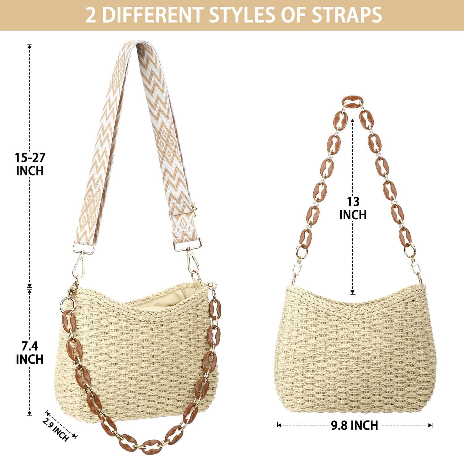 Straw Handbags Purses Crossbody Pocketbook Bag Casual Woven Beach Bags Summer Hobo Hippie Chic Tote Bags with Chain