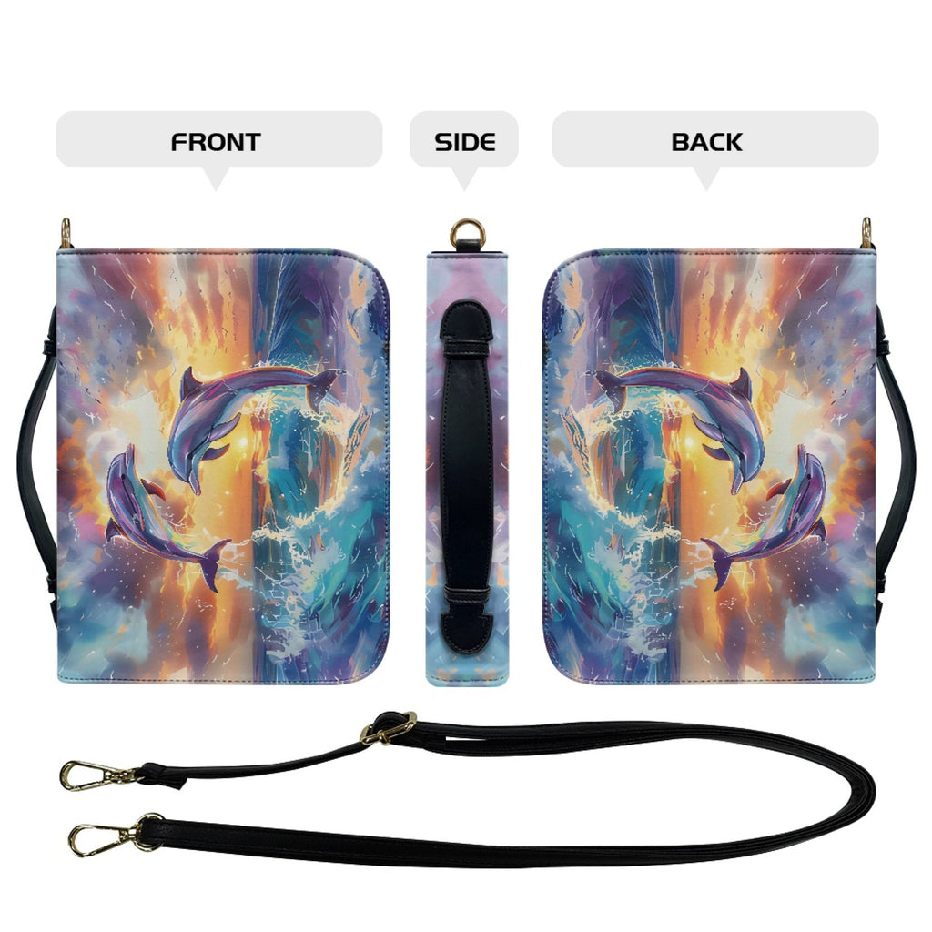 FOR U DESIGNS Ocean Dolphins Bible Bags for Women Tote Portable Sturdy Leather Bible Cover Size Large Holistic Leather Bible Bags Personalized Multifunctional Bible Book Carrying Case