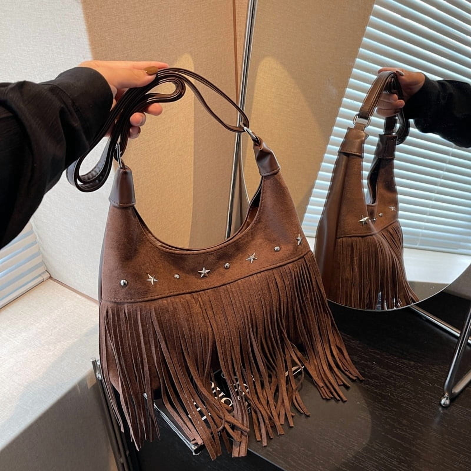 Baguery Women's Fringe Tote Bag - Western Star Studded Vintage Faux Suede Hobo/Shoulder Bag for Daily Casual (11.02×7.09×2.36in)​
