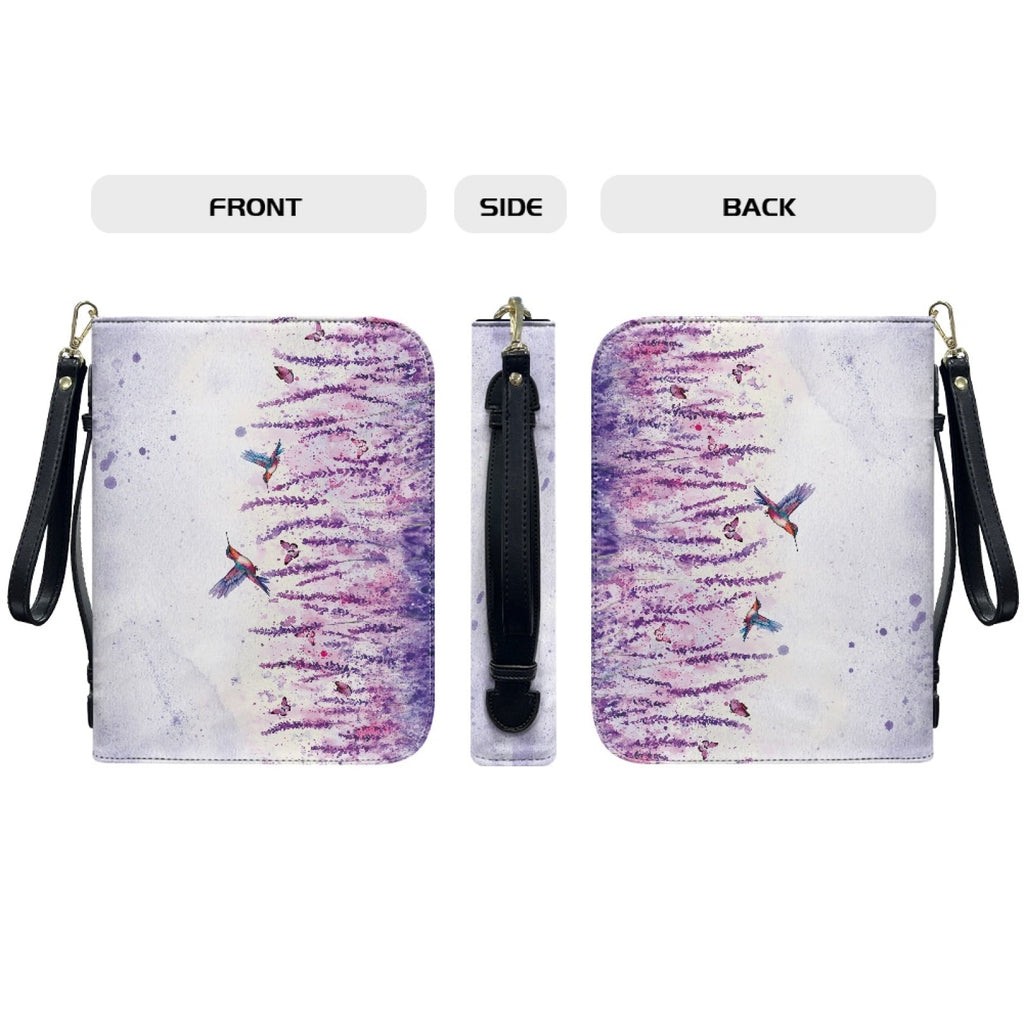 ZUXONGSY Lavender Hummingbird Butterfly Print PU Leather Bible Case for Women Men Sturdy Bible Carrying Tote Bags with Detachable Wristlet Strap Church Bag for Bible Study Journal Case, L