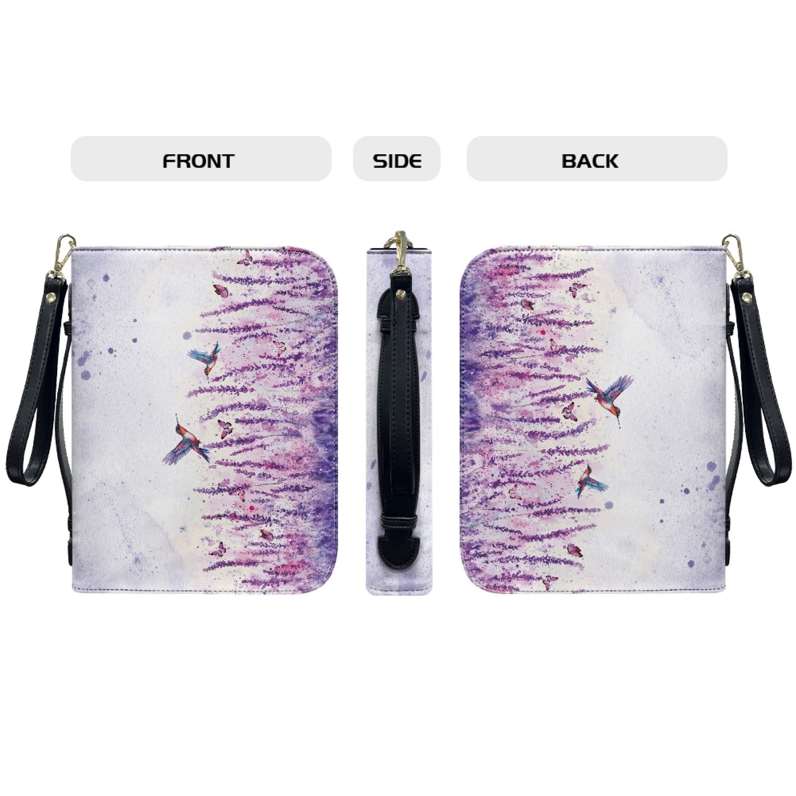ZUXONGSY Lavender Hummingbird Butterfly Print PU Leather Bible Case for Women Men Sturdy Bible Carrying Tote Bags with Detachable Wristlet Strap Church Bag for Bible Study Journal Case, L