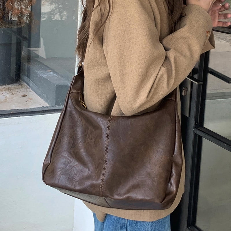 AOUNQ Hobo Bags for Women, Vegan Leather Shoulder Handbag, Stylish Slouchy Tote Bag, Crossbody Purses with Adjustable Wide Strap, Brown