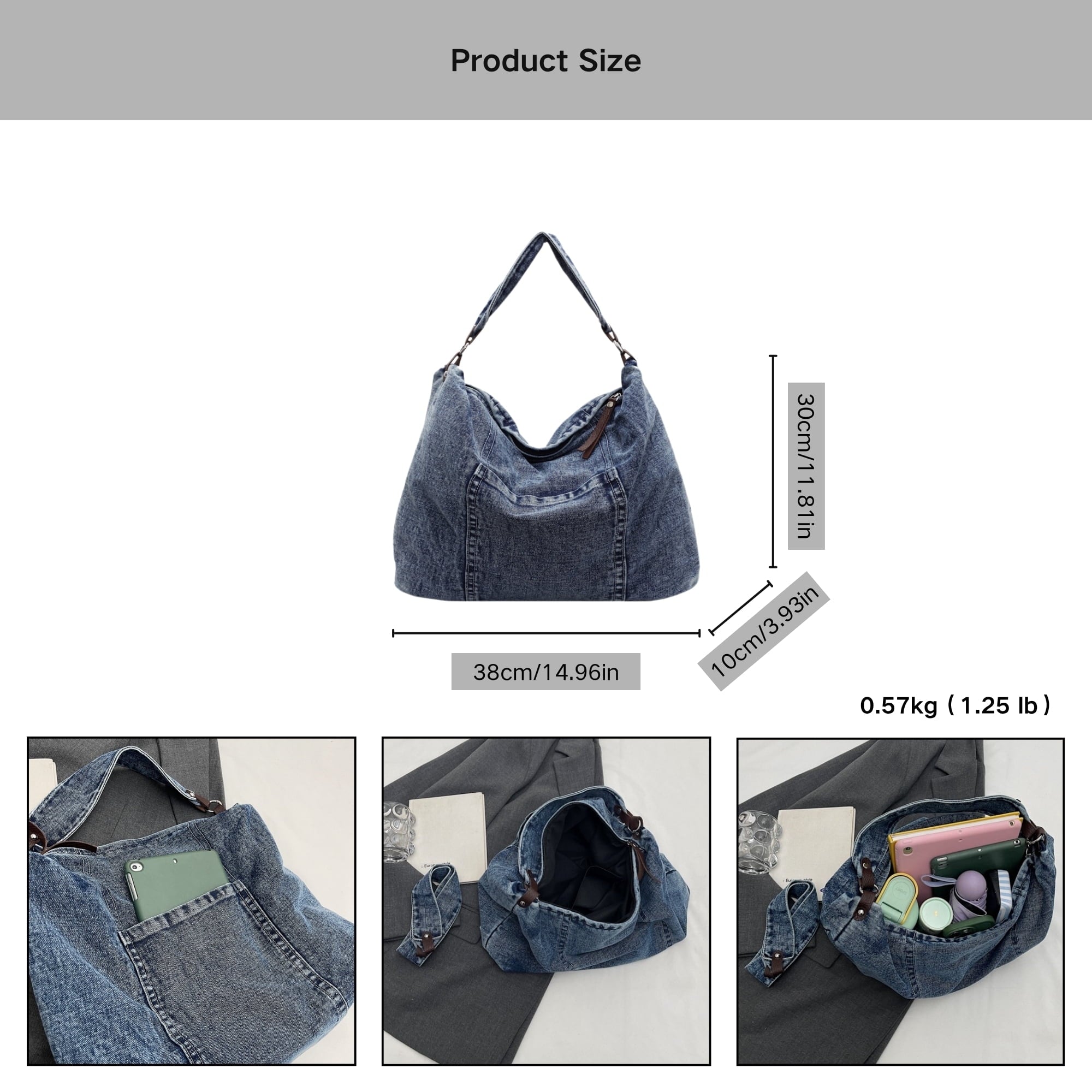 Women's Large Denim Messenger Bag, Hobo Crossbody Tote with 2 Removable Straps & Magnetic Closure, Blue Jean Shoulder Purse