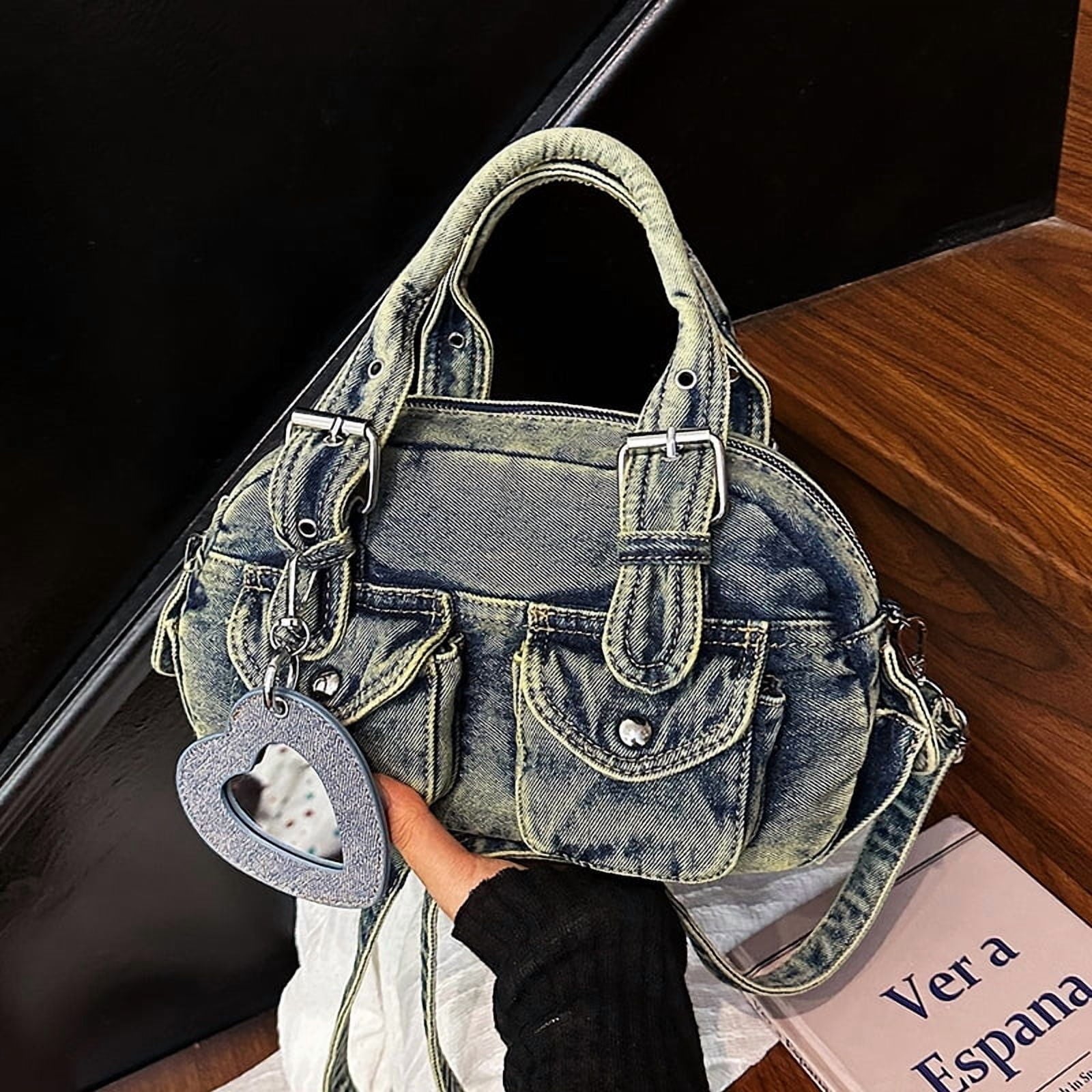 Baguery Women's Denim Messenger Bag - Cute Pendant Small Casual Crossbody, Chic Shoulder Handbag for Travel/Daily Use​