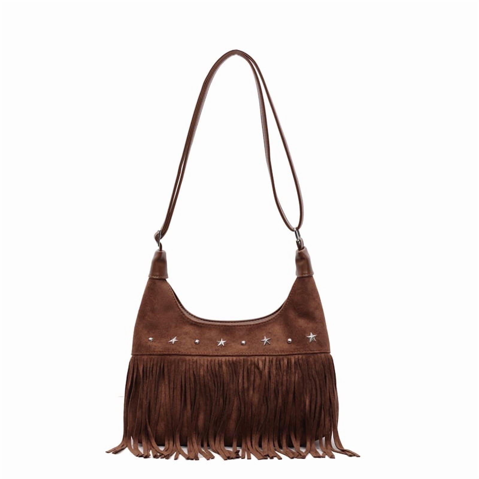 Baguery Women's Fringe Tote Bag - Western Star Studded Vintage Faux Suede Hobo/Shoulder Bag for Daily Casual (11.02×7.09×2.36in)​