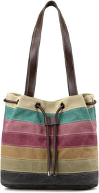 Canvas Shoulder Bag for Women Multi-Colour Striped Handbag Casual Top Handle Bag Large Hobo Bag Multi-Pocket Tote Bag