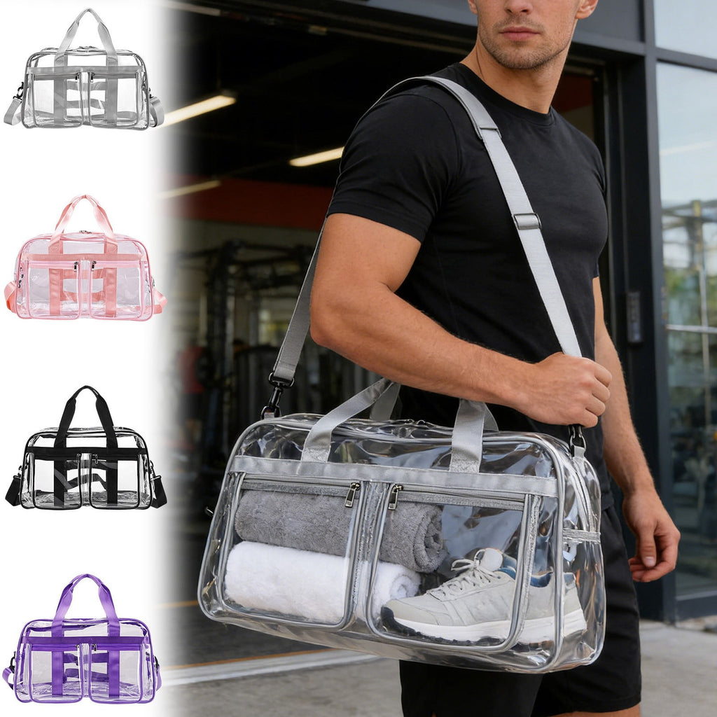 Clear PVC Stadium Approved Travel Bag Large Capacity Tote • Transparent WaterproofGym Bag • Versatile Travel Carryall with Adjustable Strap