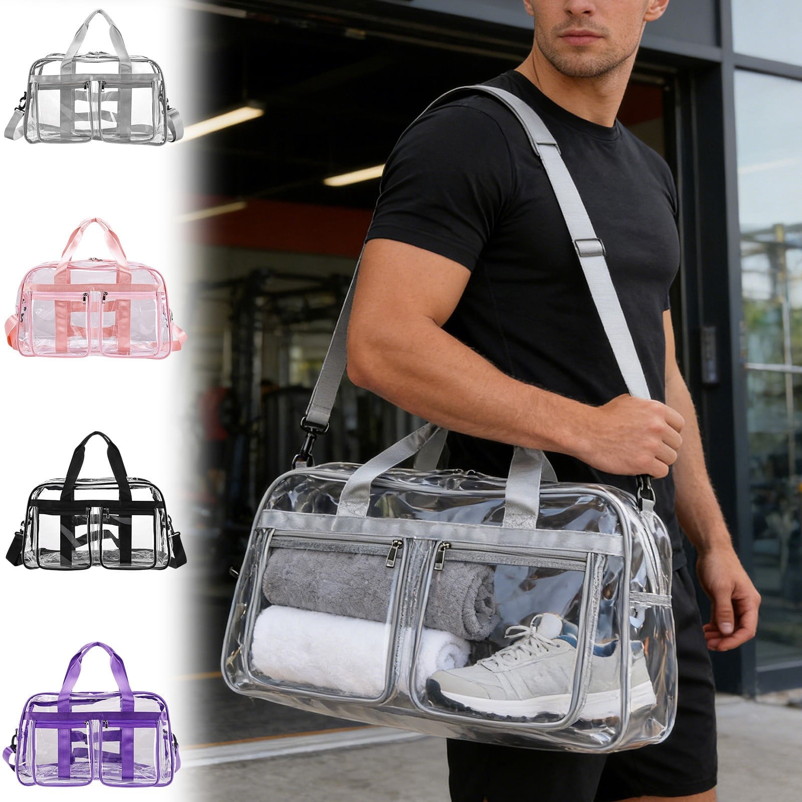 Clear PVC Stadium Approved Travel Bag Large Capacity Tote • Transparent WaterproofGym Bag • Versatile Travel Carryall with Adjustable Strap