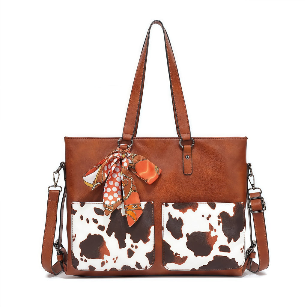 Cow Print Handbag Set for Women 2-Piece, Fashion Shoulder & Crossbody Purse, Spacious PU Leather Tote with Adjustable Strap for Work, Travel, Daily Use (Black/Red/Brown)