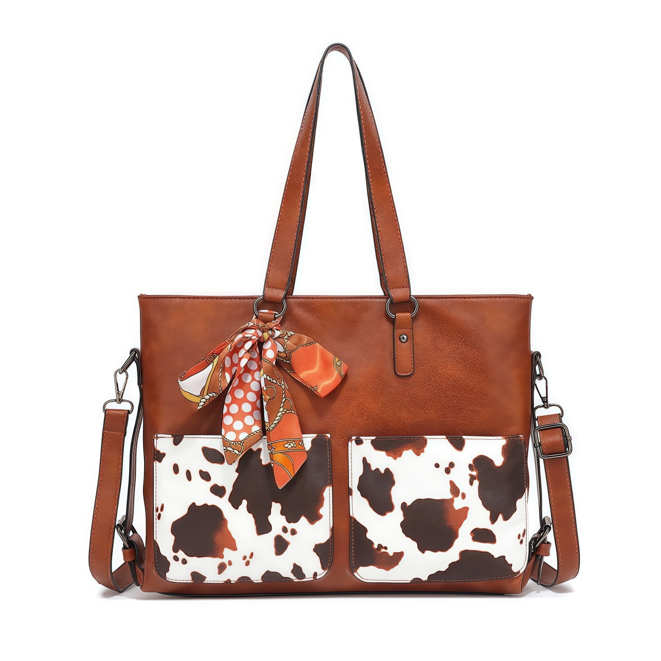 Cow Print Handbag Set for Women 2-Piece, Fashion Shoulder & Crossbody Purse, Spacious PU Leather Tote with Adjustable Strap for Work, Travel, Daily Use (Black/Red/Brown)