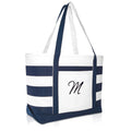 DALIX Premium Beach Bags Striped Navy Blue Zippered Tote Bag Monogrammed M