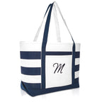 DALIX Premium Beach Bags Striped Navy Blue Zippered Tote Bag Monogrammed M