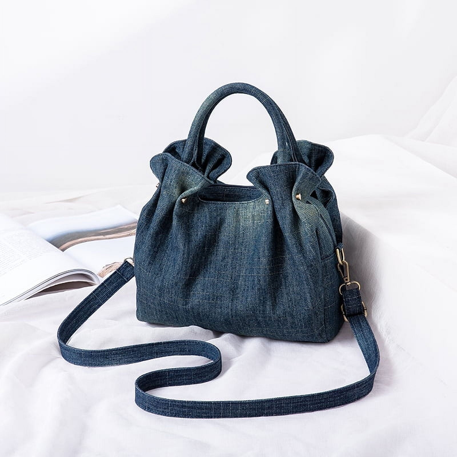 Fashion Ruched ladies handbag Commuting Denim women Shoulder Crossbody Bag Multiple pockets Luxury design Female big Totes blue