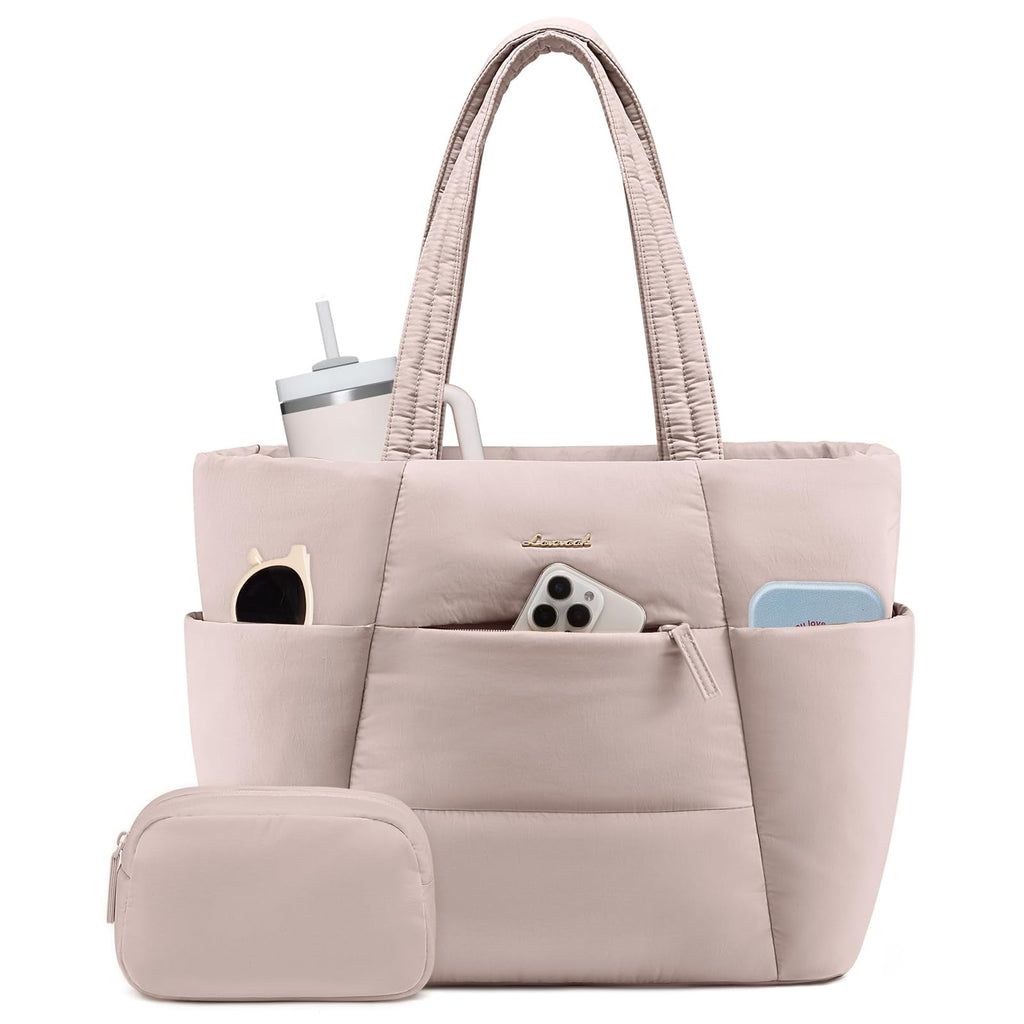 LOVEVOOK Puffer Tote Bag for Women,15.6in Laptop Work Tote with 40oz Cup Holder, Nurse Teacher Bag with Zip,10 Pockets