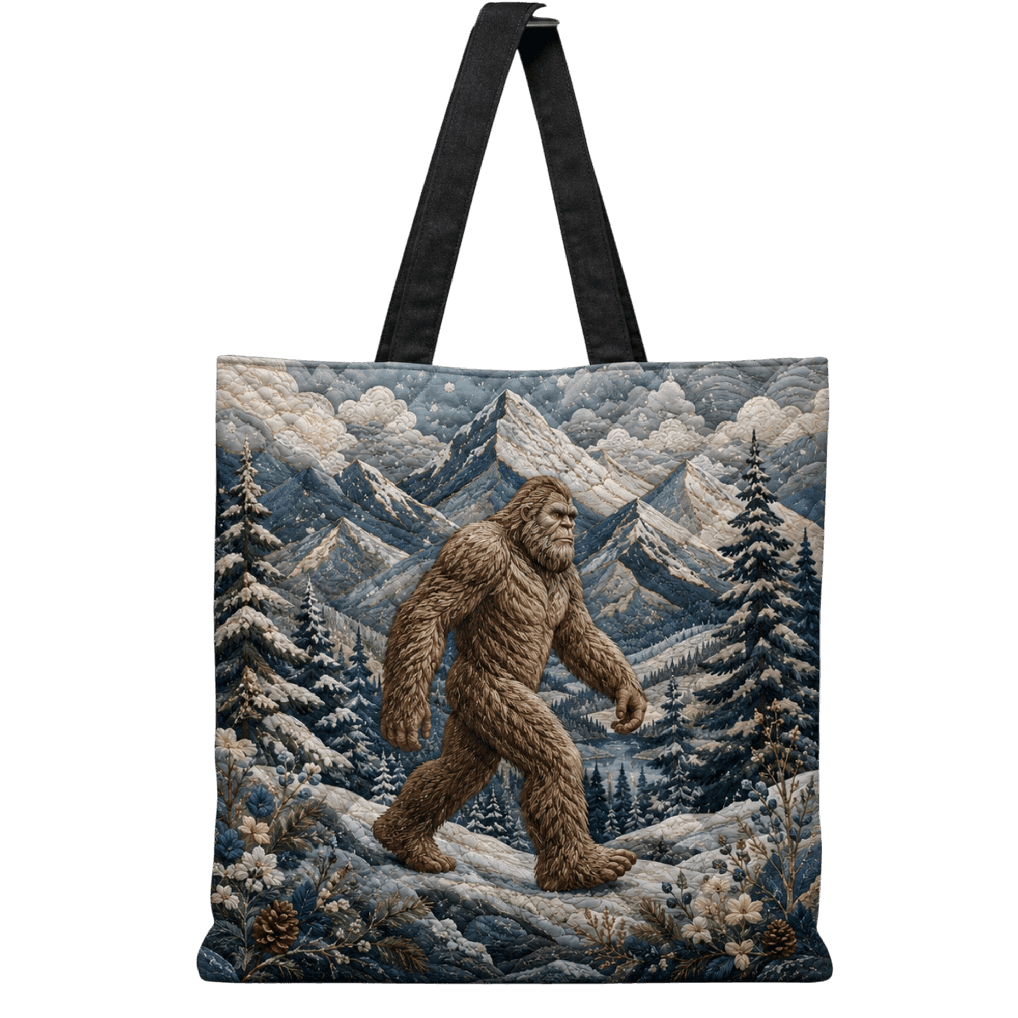 Lotusprint LLC 2D Print Bigfoot Mountain Quilted Tote Bag, Sasquatch Winter Forest Shoulder Handbag