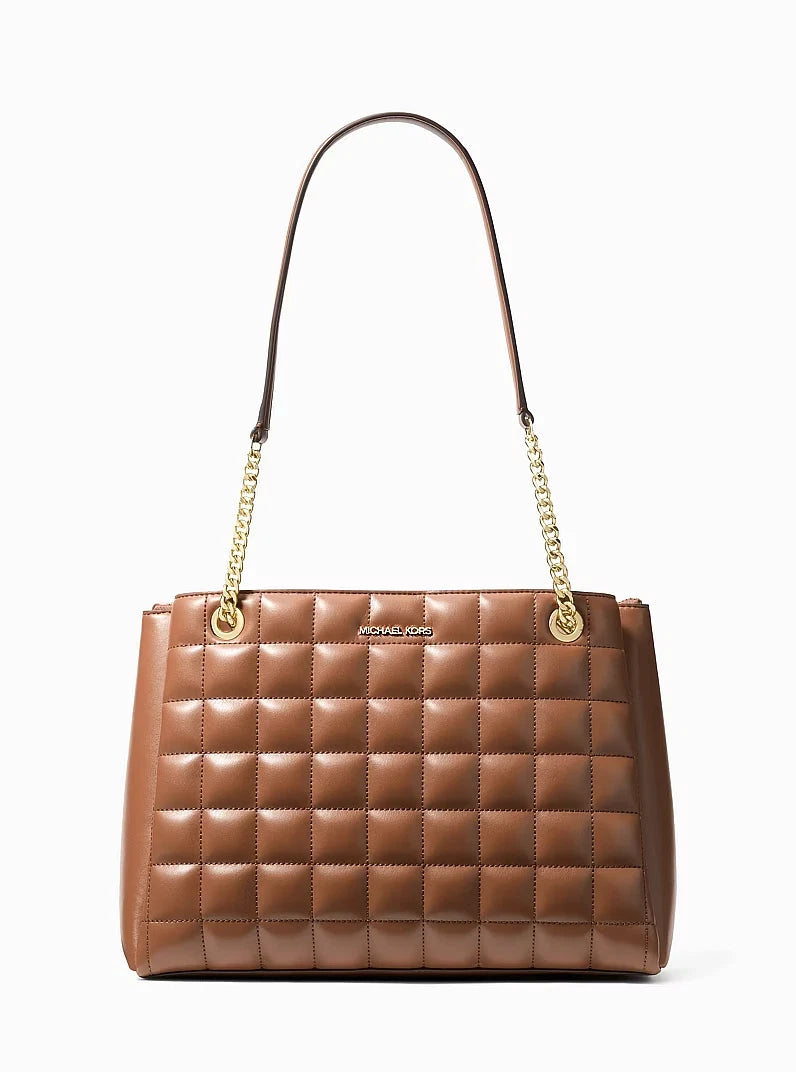 Michael Kors Soho Medium Quilted Leather Tote Bag Luggage Gold Chain