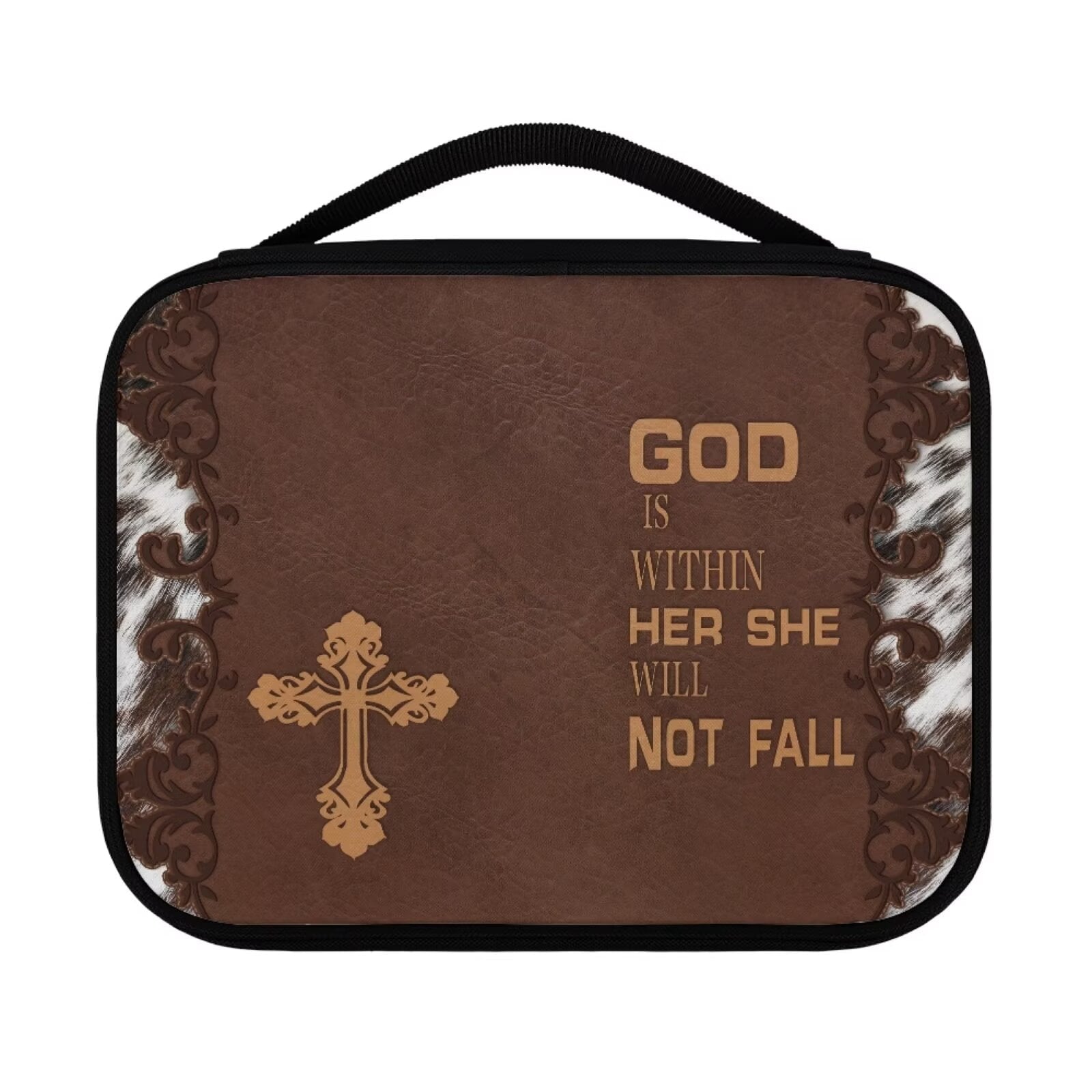 Renewold Casual Cross Bible Case for Men Personalized God is Within Her She Will Not Fall Print Carrier Tote Bag Dustproof Brown Bible Book Covers