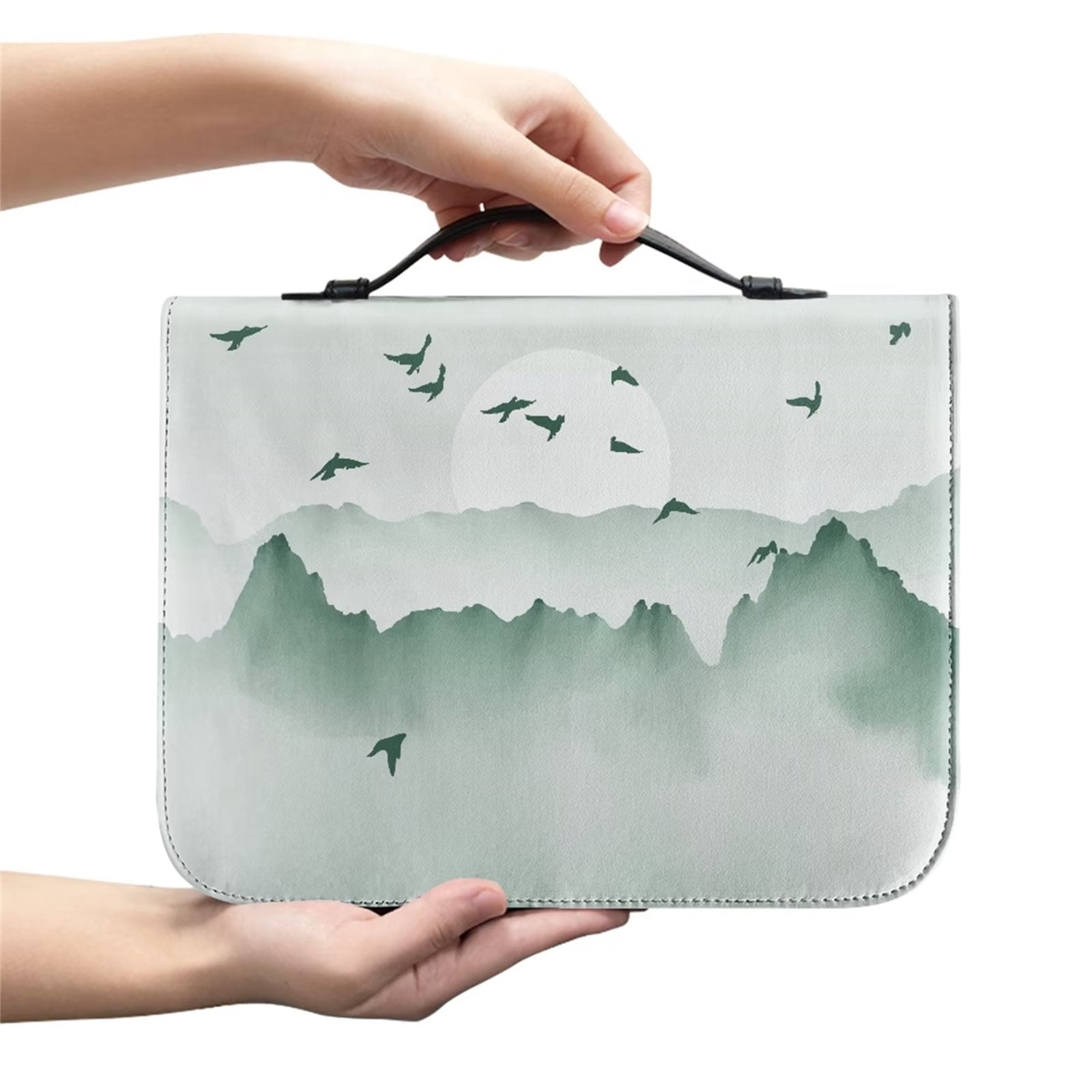 Renewold Mountain Peak Bird Women PU Leather Bible Bag Size L Lightweight Custom Bible Tote Handbag with Zip Handle Leisure Bible Case Bag Carrying Case for Kids