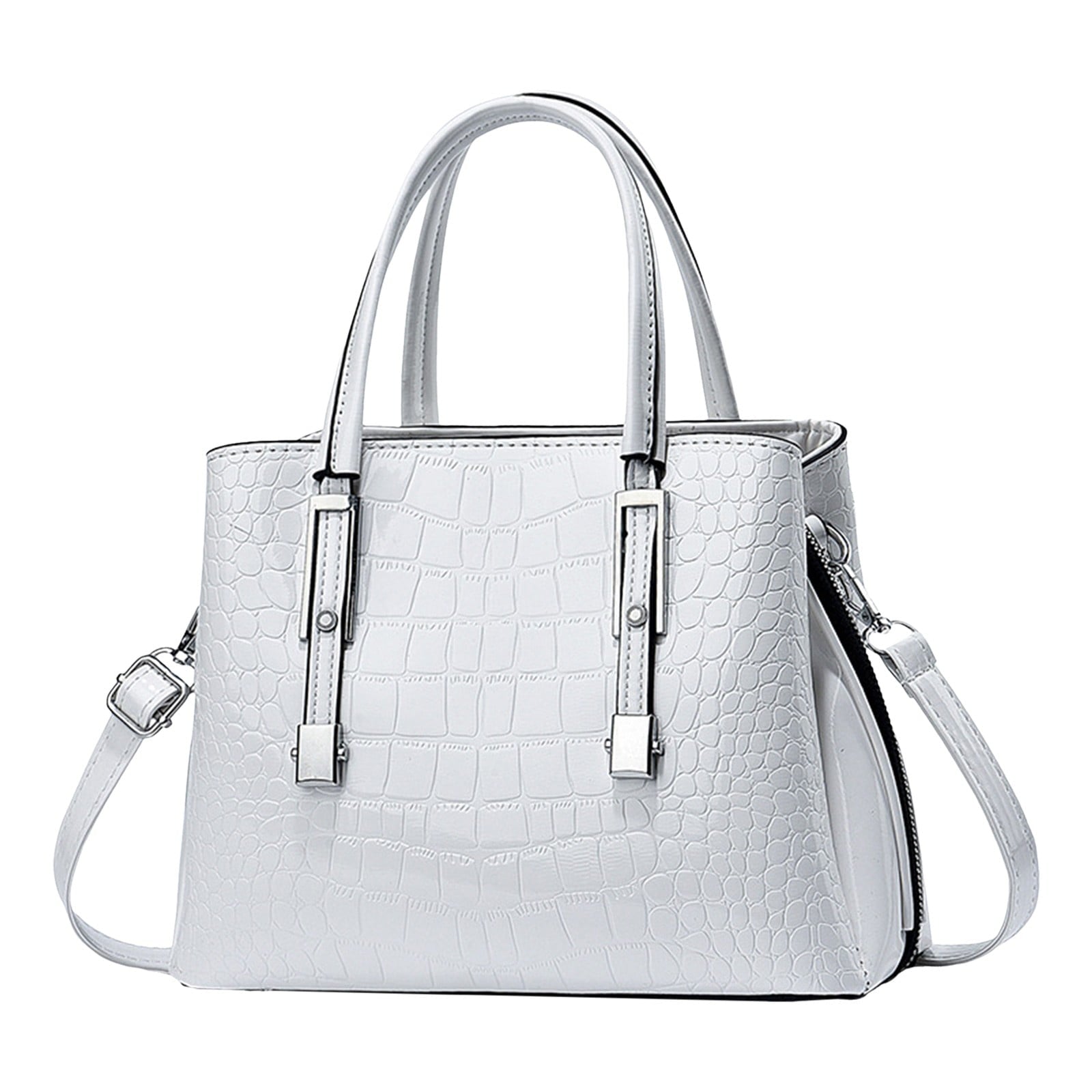 VSFAOV Women Handbags Purse Shiny Patent Leather Crocodile Pattern Top Handle Handbag Satchel Bags Zipper Medium Tote Bag White