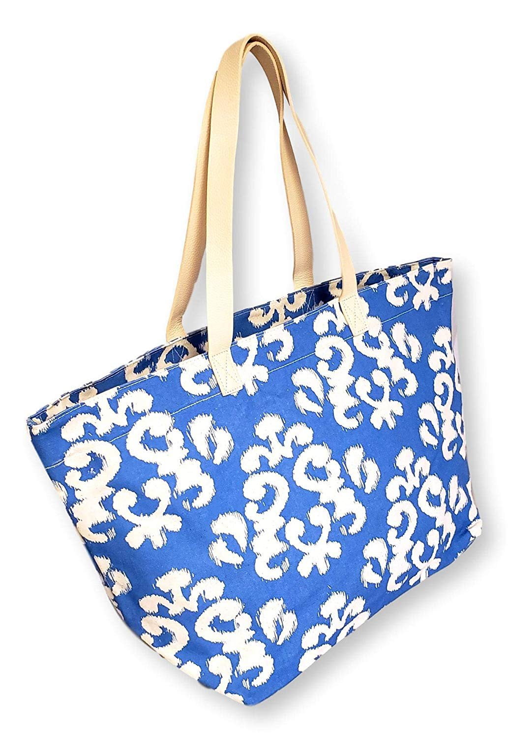 X Large Canvas Blue Damask Print Beach Bag Travel Tote for Women