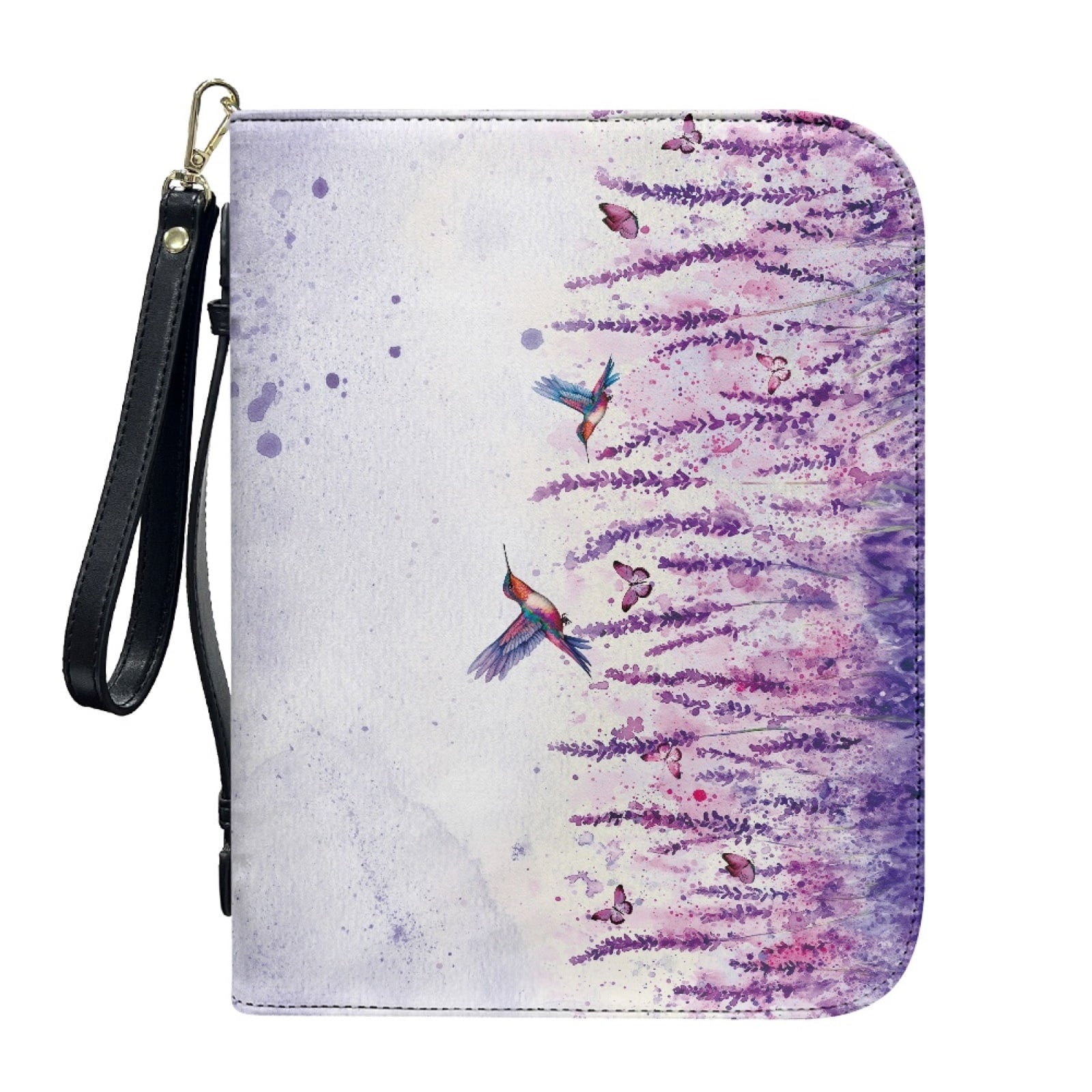ZUXONGSY Lavender Hummingbird Butterfly Print PU Leather Bible Case for Women Men Sturdy Bible Carrying Tote Bags with Detachable Wristlet Strap Church Bag for Bible Study Journal Case, L
