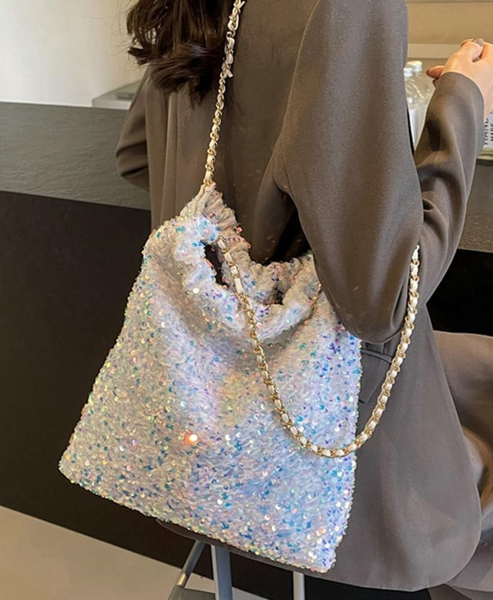 Zhengup Womens Fashion Shoulder Bag Y2k Sparkly Glitter Sequin Purse Large Totes Top Handle Satchel with Chain Party
