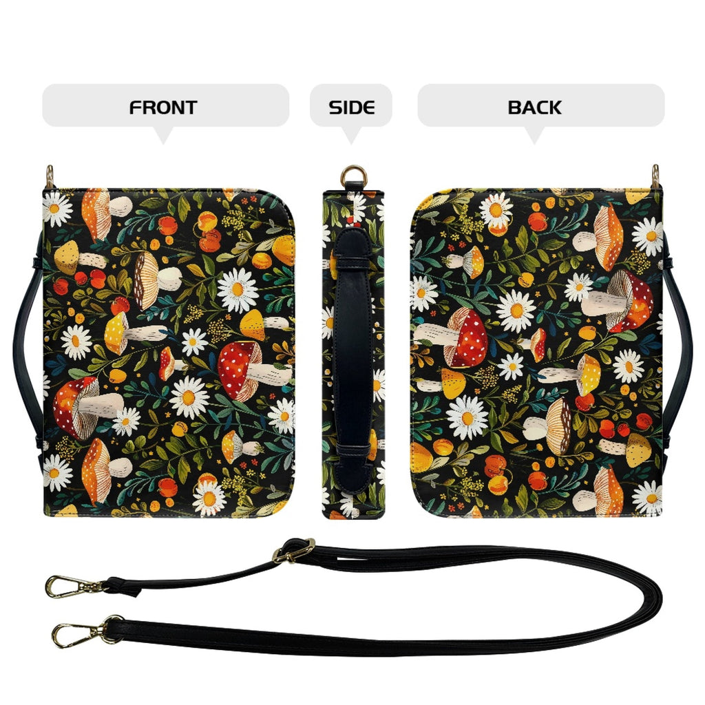 FOR U DESIGNS Mushroom Daisy Bible Cover for Women Soft Bible Case with Strap Size Large Easy to Clean PU Leather Sturdy Bible Protective Carrier Waterproof Personalized Book Organizer Bag