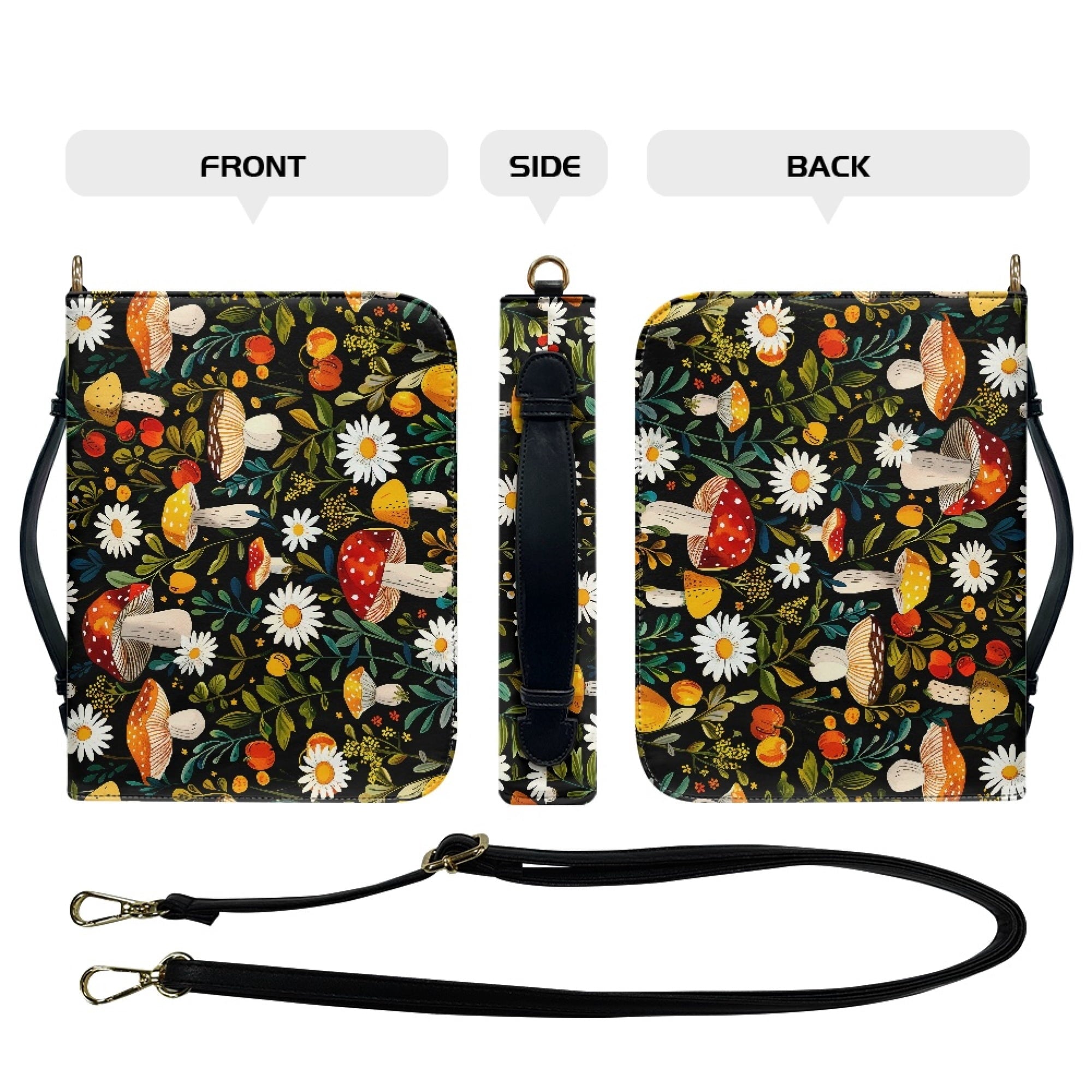 FOR U DESIGNS Mushroom Daisy Bible Cover for Women Soft Bible Case with Strap Size Large Easy to Clean PU Leather Sturdy Bible Protective Carrier Waterproof Personalized Book Organizer Bag