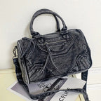 Luxury Designer City Tote Bag for Women Retro Washed Denim Cloth Splicing Fringed Shoulder Portable Messenger Bag Handbags