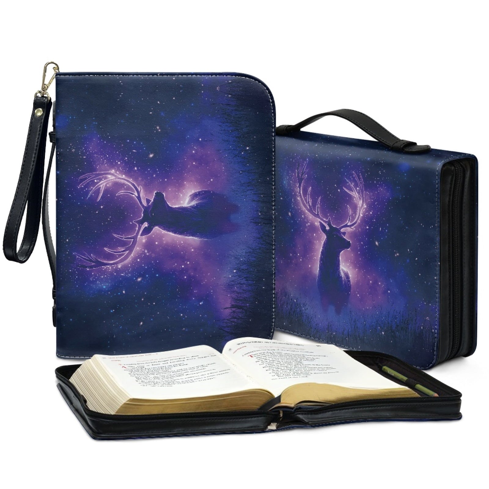 ZUXONGSY Star Sky Moose Star Print PU Leather Bible Case for Women Men Portable Bible Carrying Tote Bags with Detachable Wristlet Strap Church Bag for Bible Study Scripture Church Bag, L
