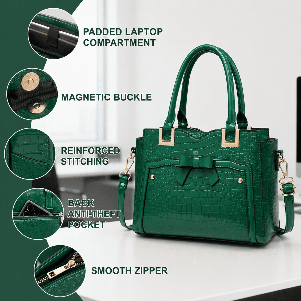 AVMPRO Women's PU Leather Tote Satchel Bag Set, 4-Way Crossbody Purse - Green