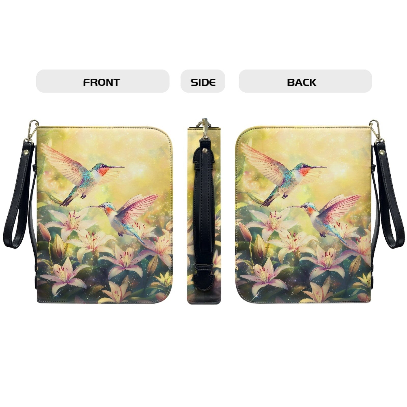 ZUXONGSY Hummingbird Lily Flower Print PU Leather Bible Case for Women Men Lightweight Bible Carrying Tote Bags with Detachable Wristlet Strap Church Bag for Bible Study Bible Gift, L