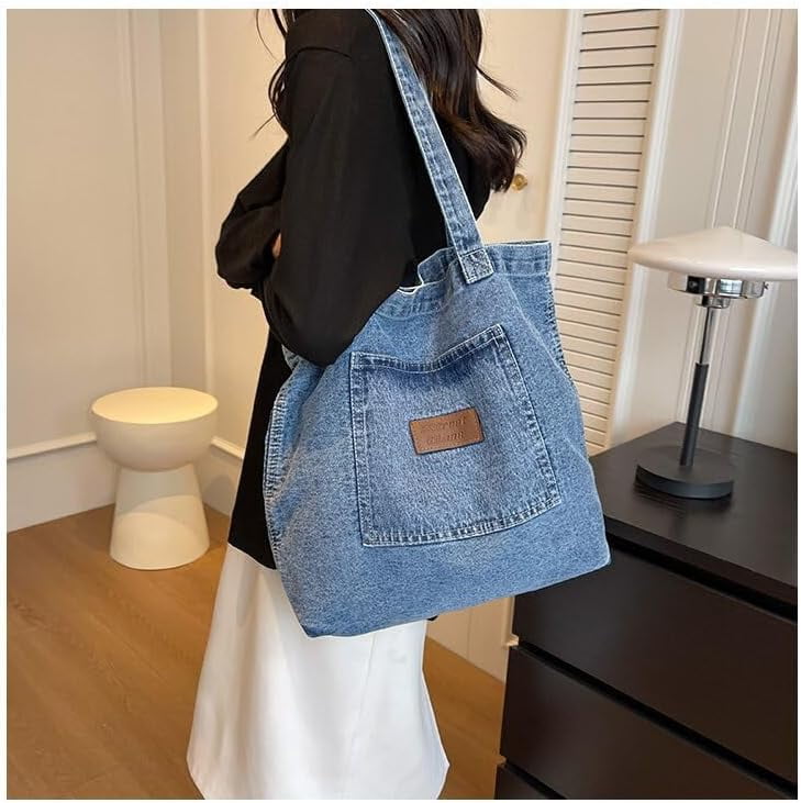 JennyShop  Denim Canvas Bag, Casual Handheld/Shoulder Carryall Bag, Hot Sale Large Capacity Tote - Niche Artistic Shopping Bag,