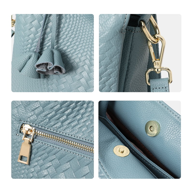 Genuine leather, large capacity, handbag with woven flower design on the armhole, detachable shoulder strap, wallet, storage bag